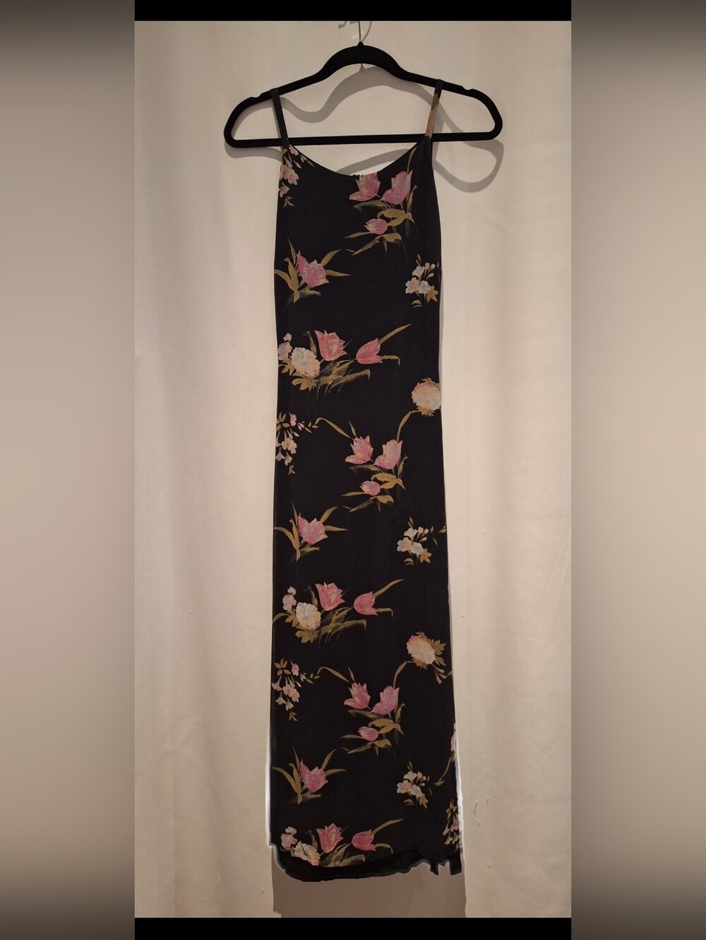 Vintage Dina Bar-El Black Floral Silk Slip Dress with Pink Blooms